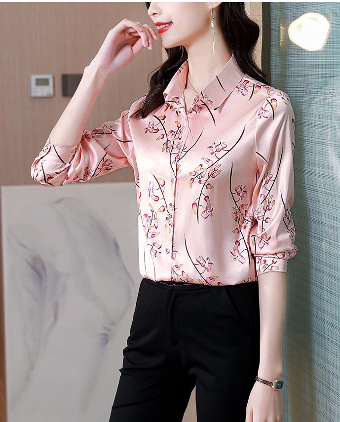 Lapel spring all-match real silk shirt for women