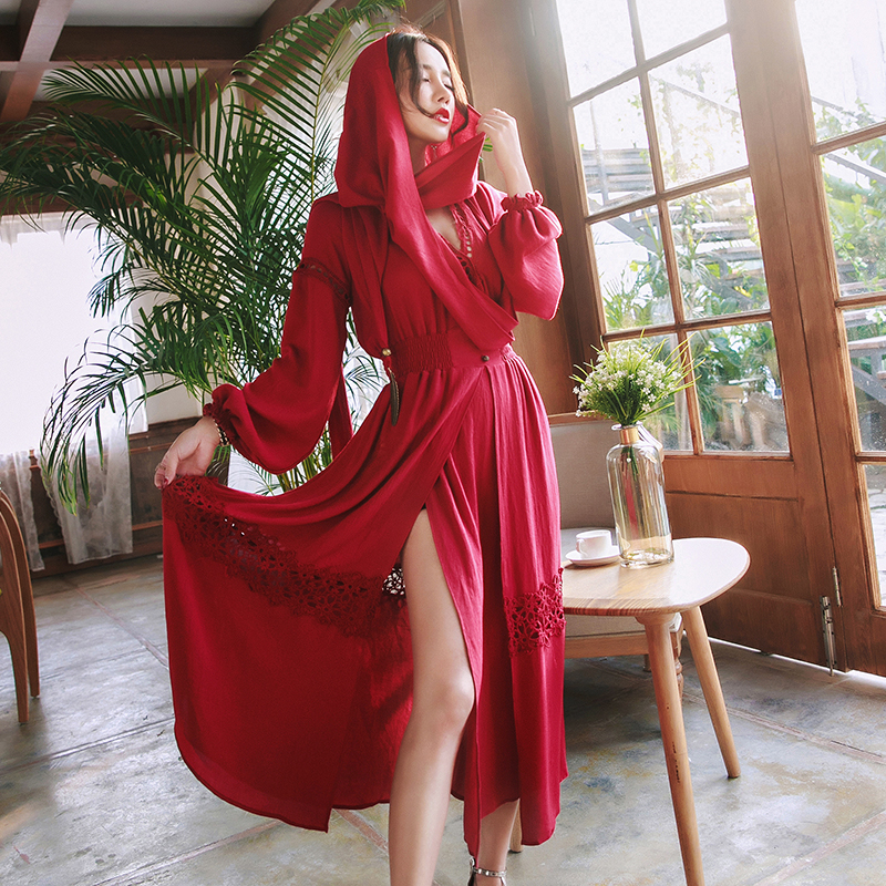 Cotton linen wine-red dress vacation long dress