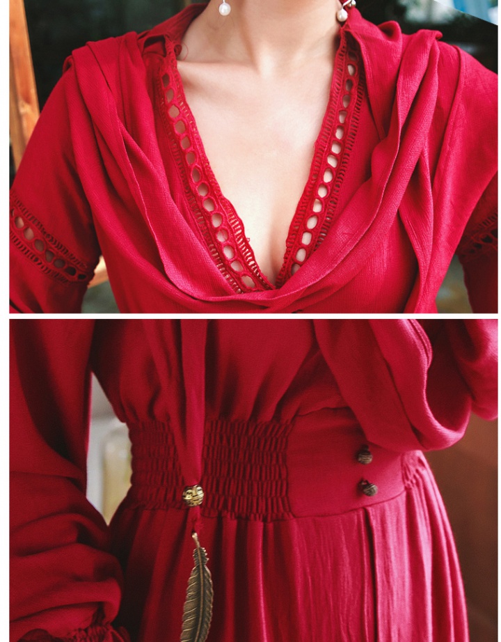 Cotton linen wine-red dress vacation long dress