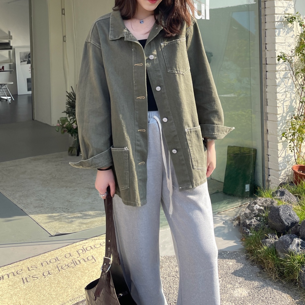 Loose Korean style Casual coat washed olive-green work clothing