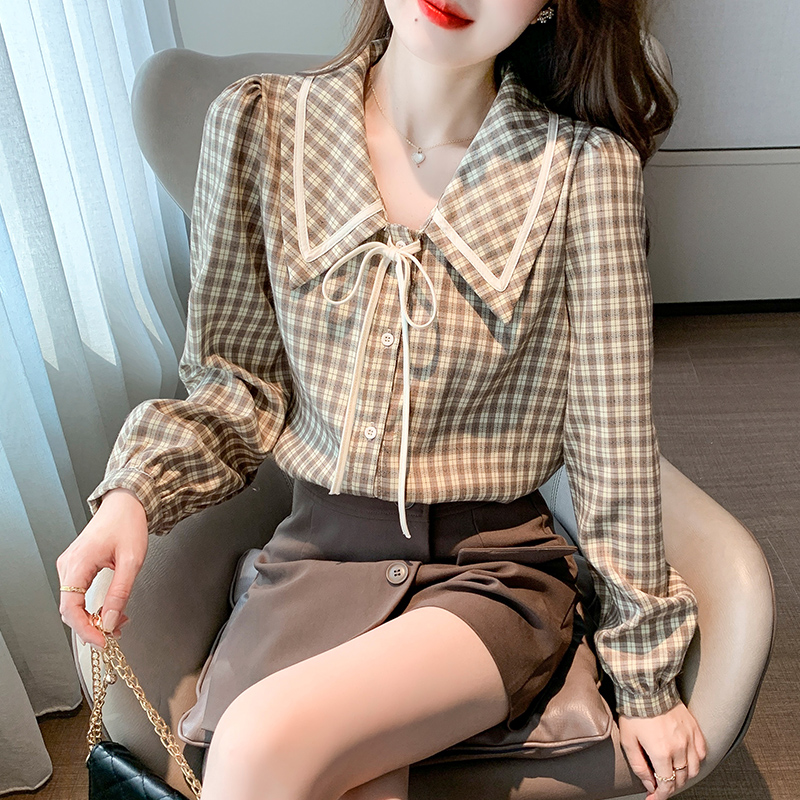 Mixed colors plaid shirt doll collar Korean style tops