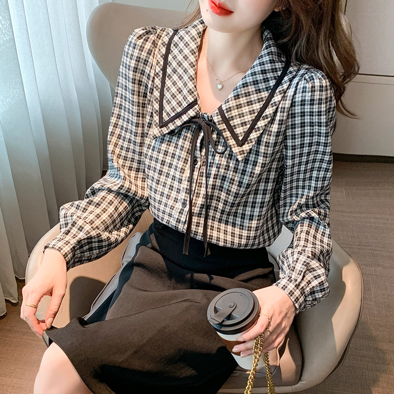 Mixed colors plaid shirt doll collar Korean style tops