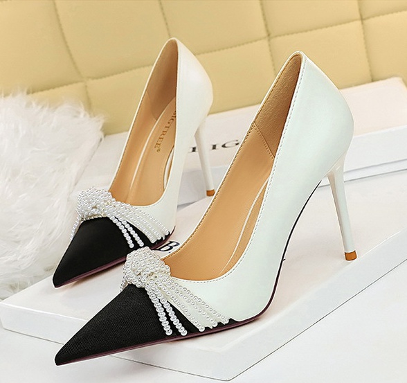 Bow pointed shoes pearl high-heeled shoes for women