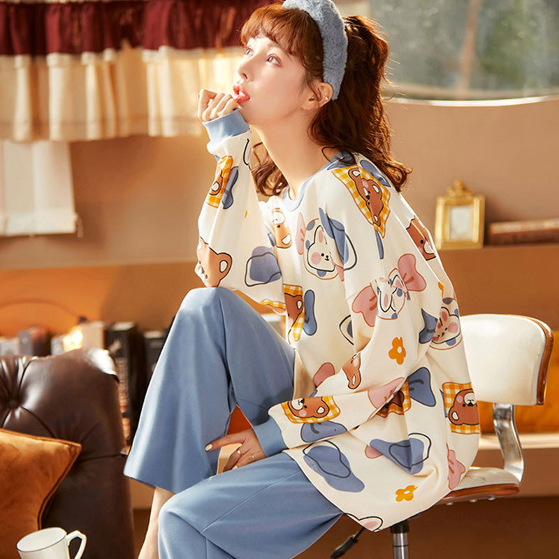Simple spring and autumn round neck pajamas 2pcs set for women