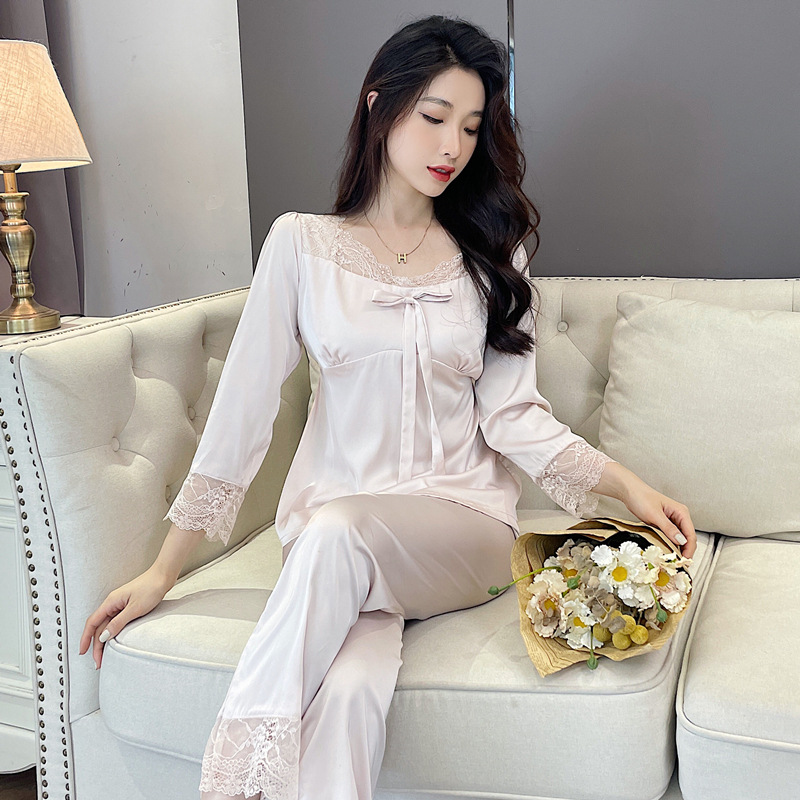 With chest pad pajamas long pants 2pcs set for women