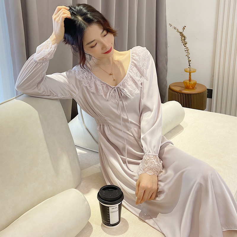 Long sleeve pure night dress ice silk lace pajamas for women