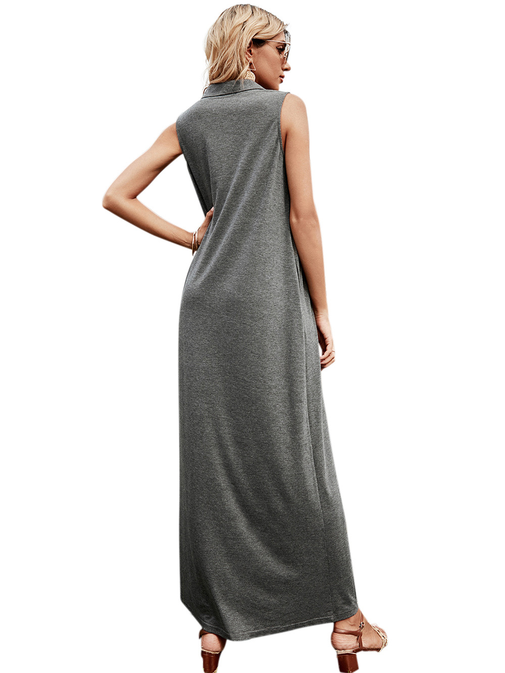 Casual spring lapel long sleeveless slim dress for women