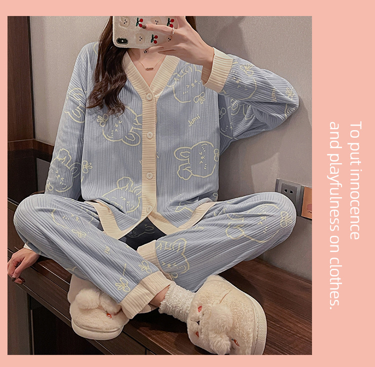 Spring and autumn cotton pajamas girl cardigan 2pcs set
