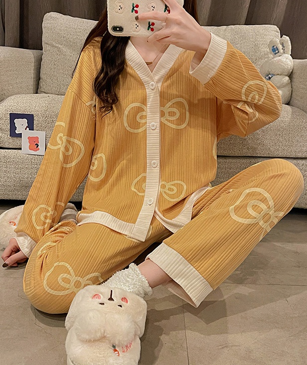 Cotton cardigan spring and autumn pajamas 2pcs set
