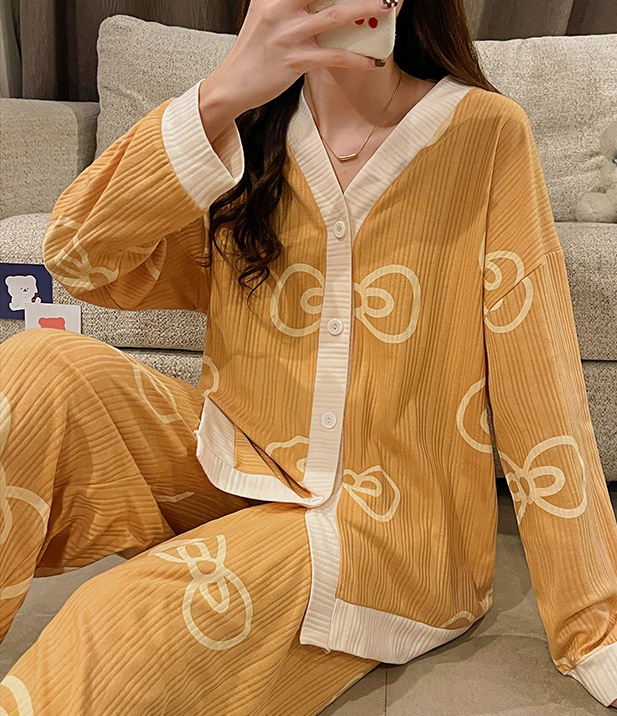 Cotton cardigan spring and autumn pajamas 2pcs set