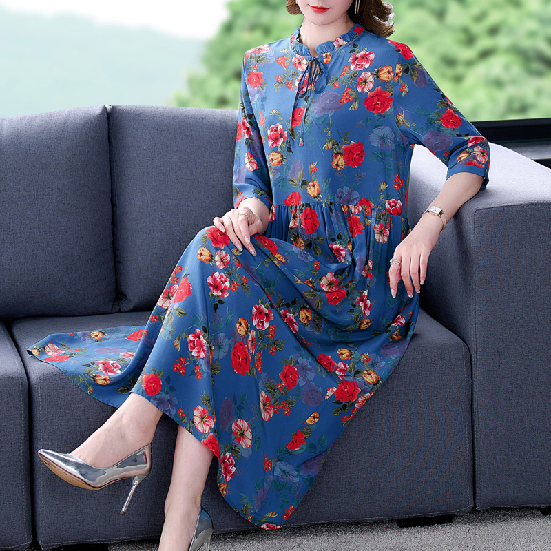 Middle-aged silk printing thin summer dress for women