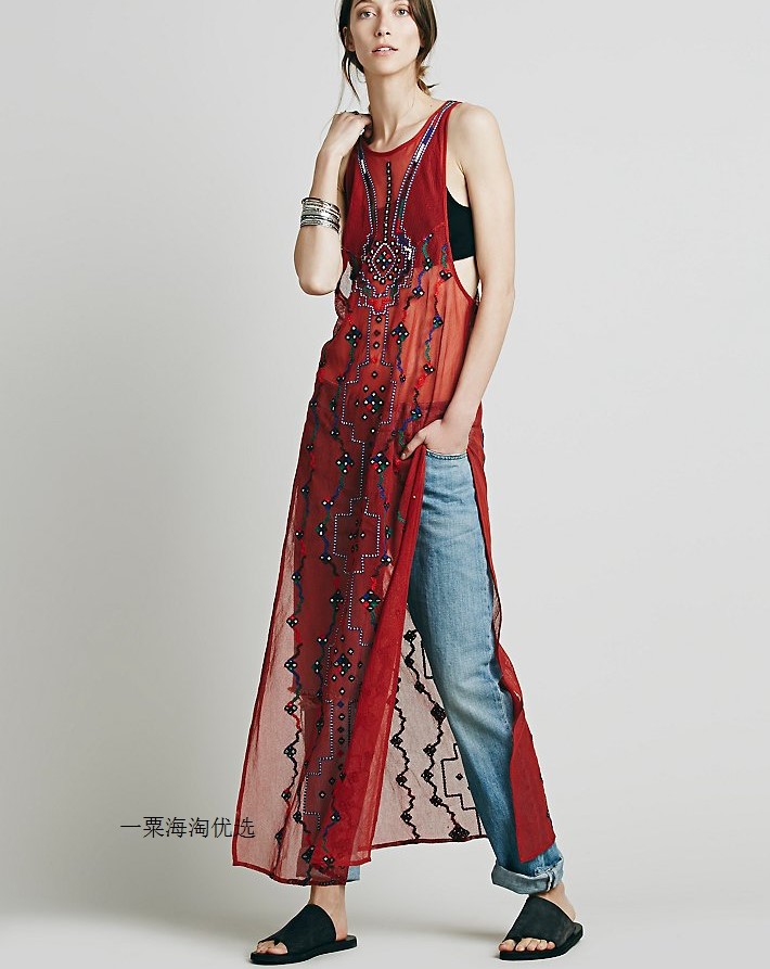 Embroidery exotic long dress beading vest