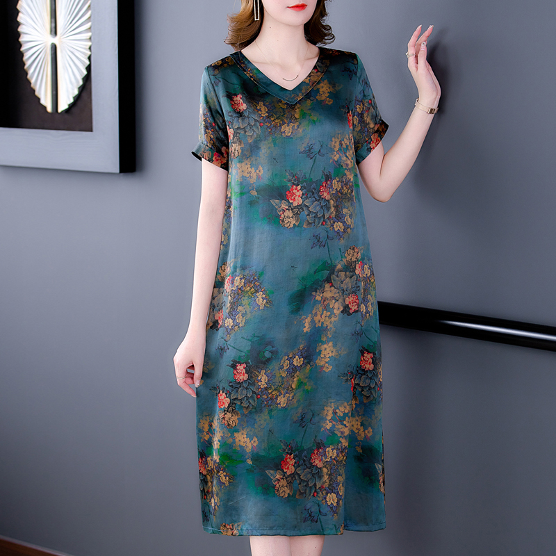 Silk short sleeve large yard dress for women