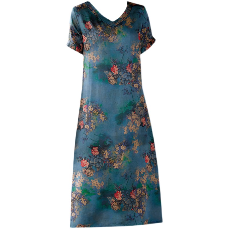Silk short sleeve large yard dress for women