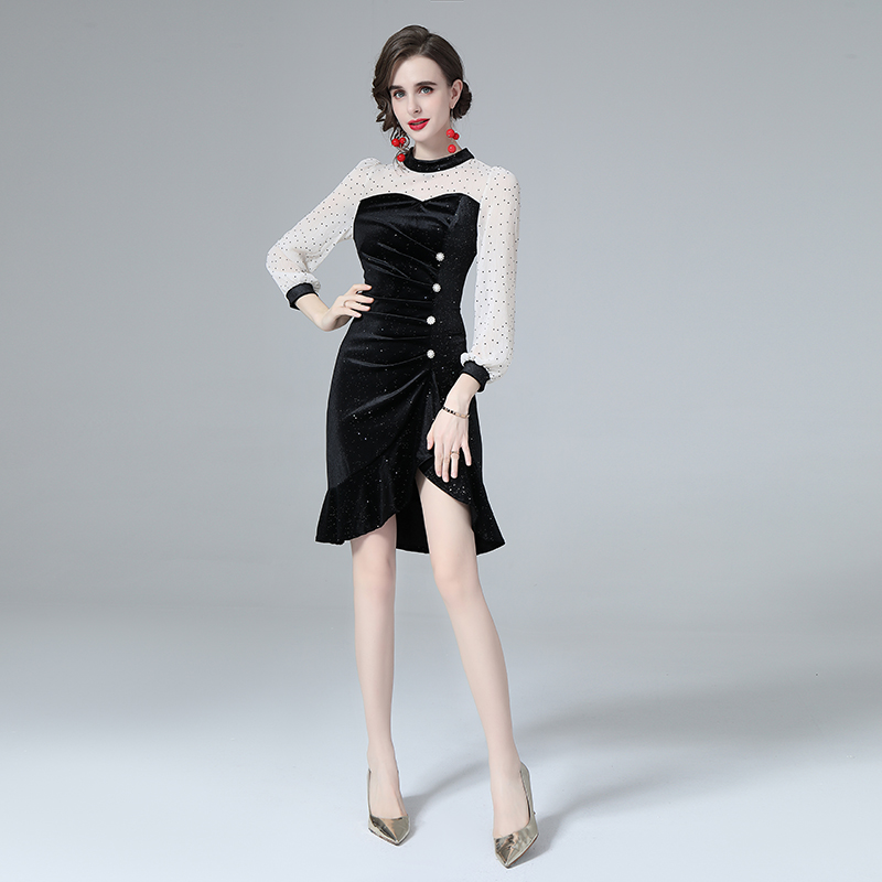 Ladies shiny black irregular velvet light spring dress