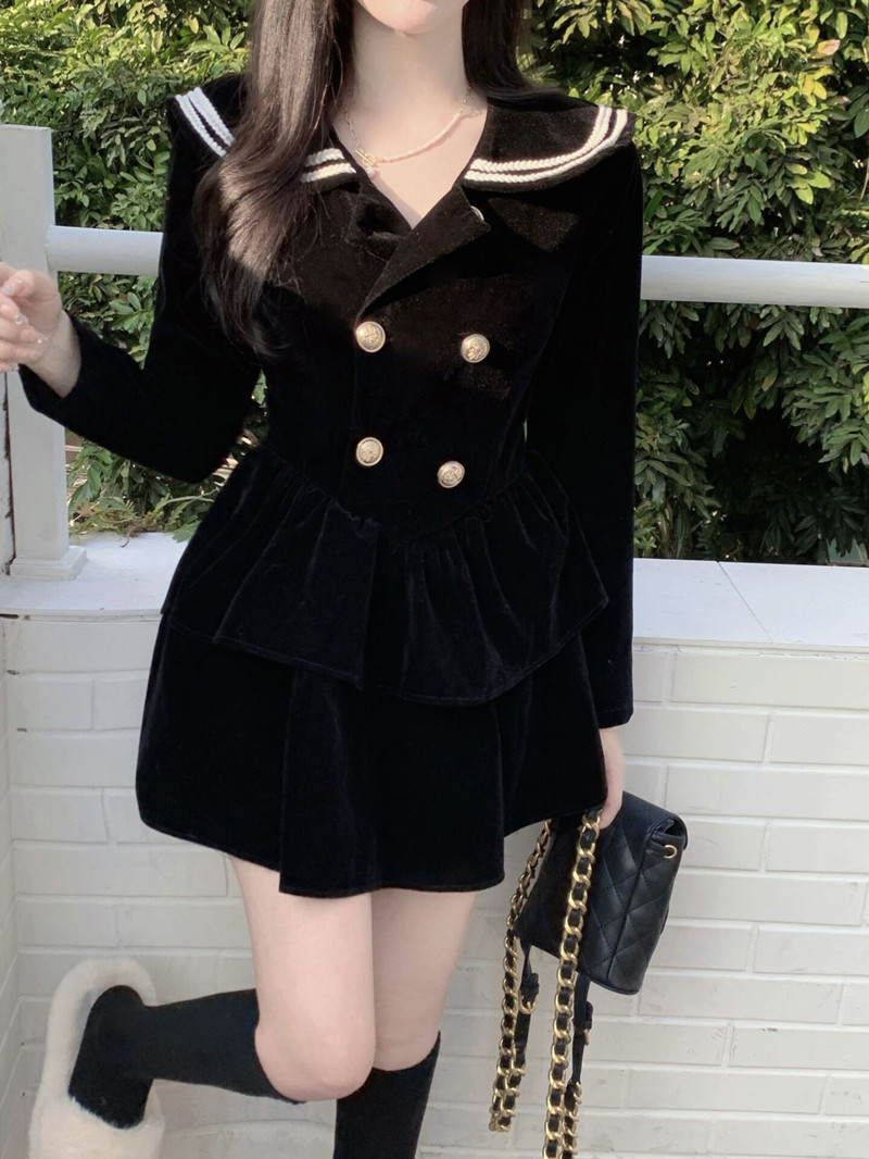 Navy collar buckle college style black winter dress