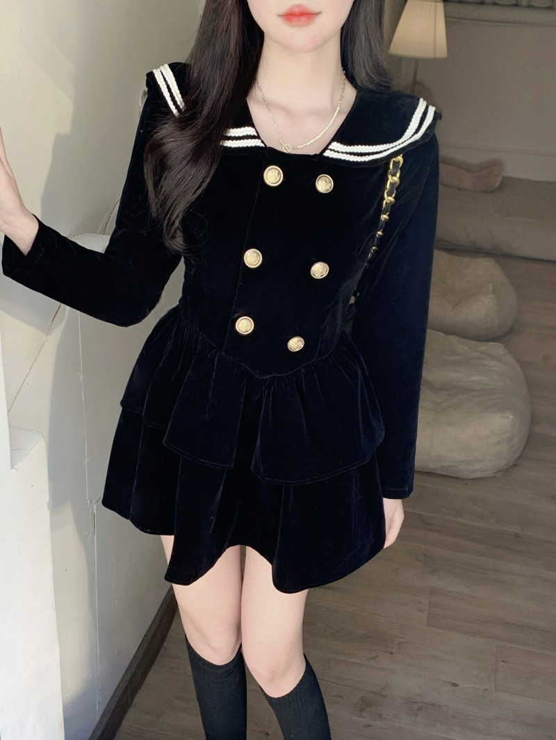 Navy collar buckle college style black winter dress