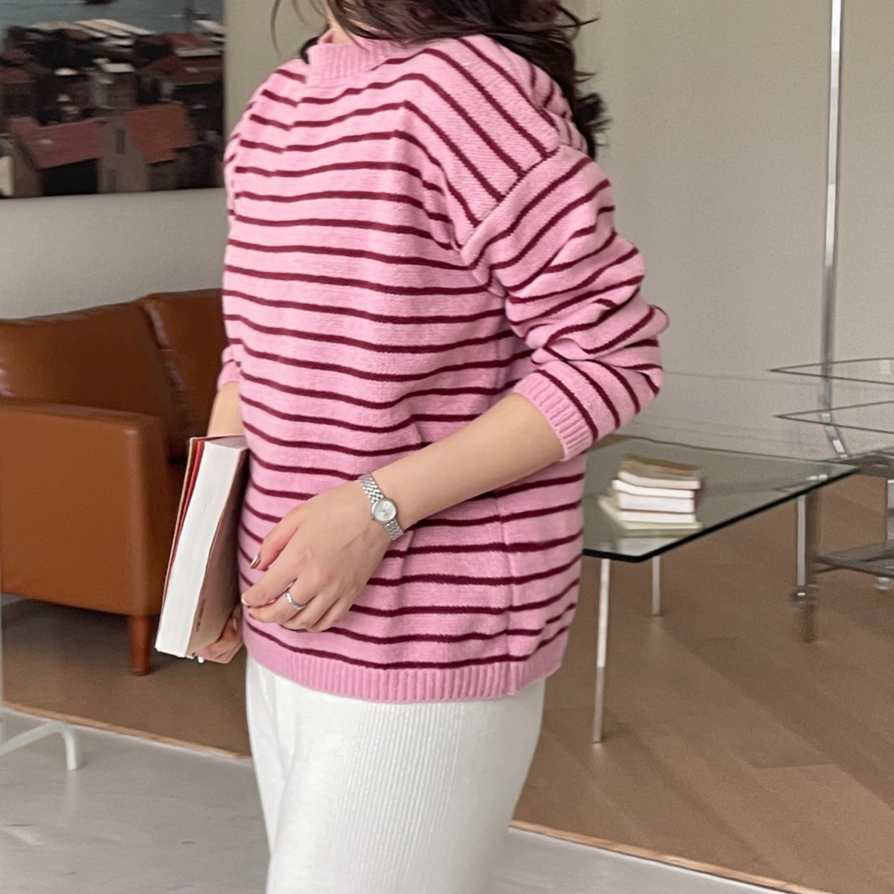 Stripe knitted lazy tops all-match winter round neck sweater