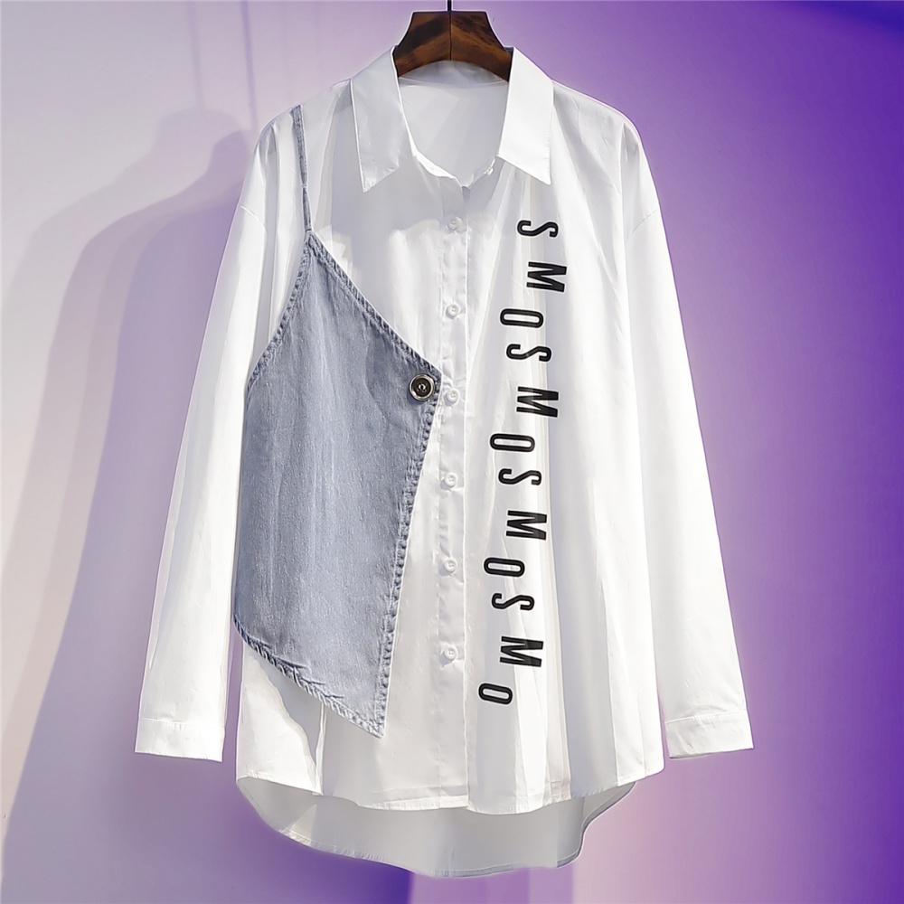 White Pseudo-two shirt spring denim tops for women