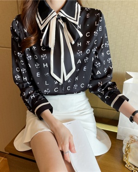 Real silk spring tops printing bow shirt for women