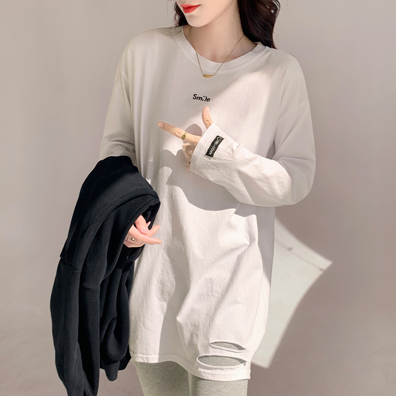 Round neck pure cotton T-shirt long sleeve tops for women