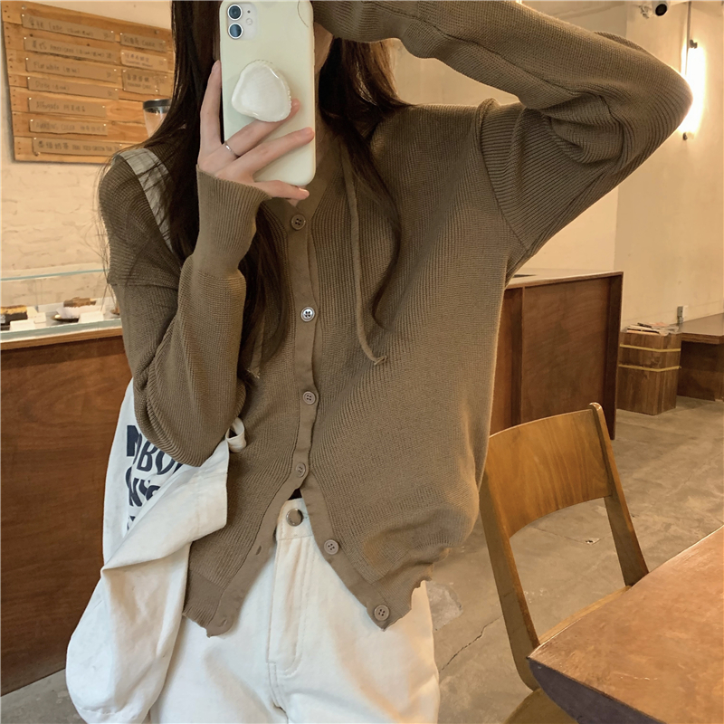 Buckle loose slim Korean style hooded cardigan