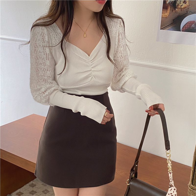 Long sleeve fold splice tops all-match lace bottoming shirt
