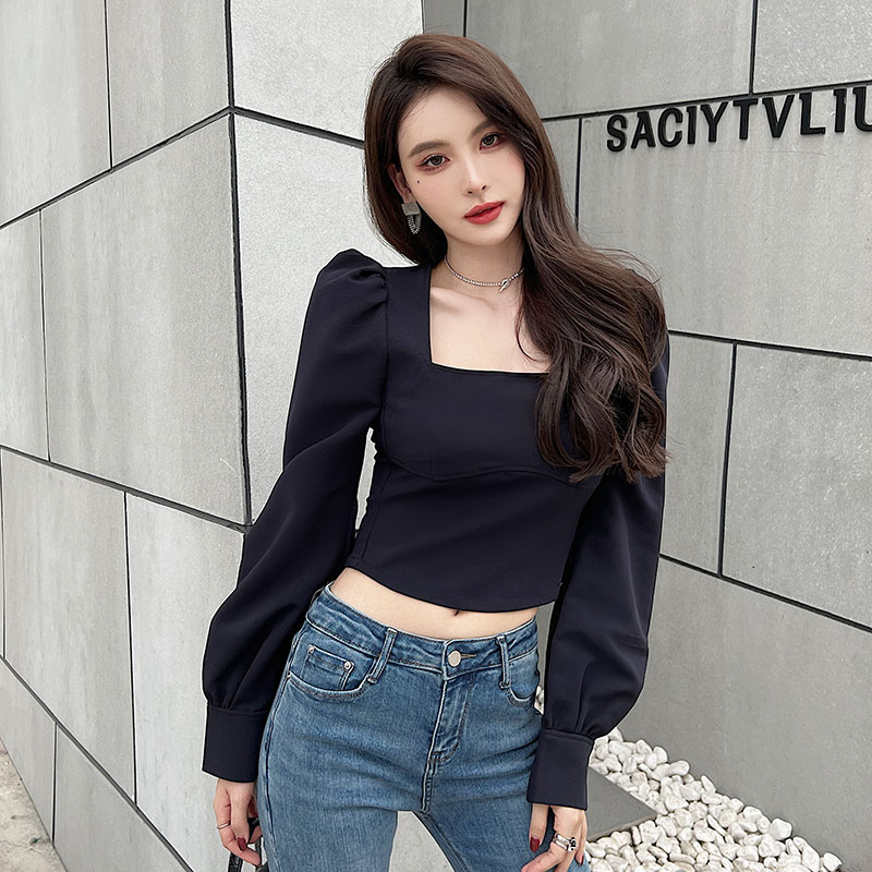 Cover belly puff sleeve high waist tops for women