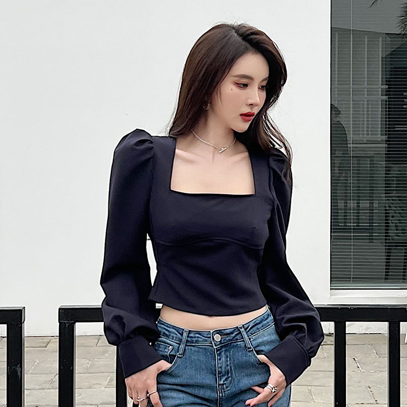 Cover belly puff sleeve high waist tops for women