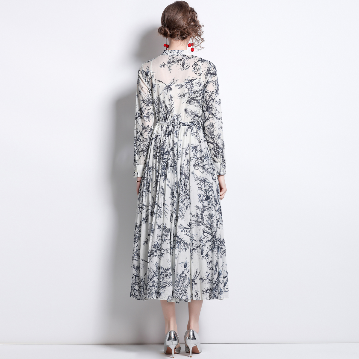Printing drawstring spring long cotton pattern dress