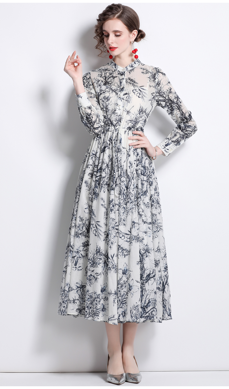 Printing drawstring spring long cotton pattern dress