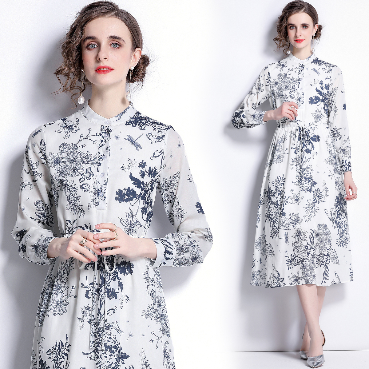 Printing drawstring long spring pattern cotton dress