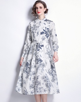 Printing drawstring long spring pattern cotton dress