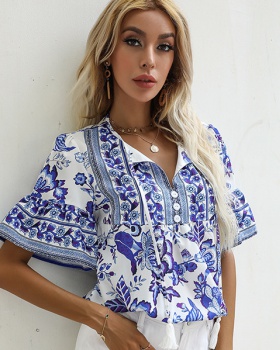 Summer printing blue short sleeve shirt for women