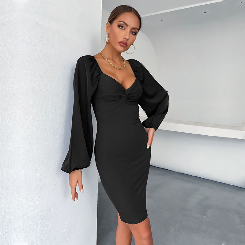 Knitted V-neck black T-back tight long sleeve pure dress