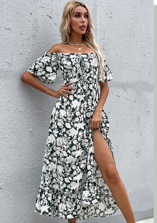 Summer long pinched waist printing split dress