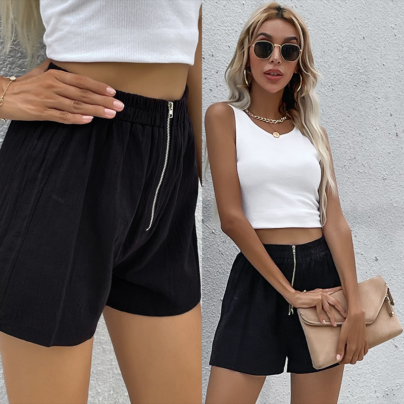 Summer loose black pure thin zip shorts