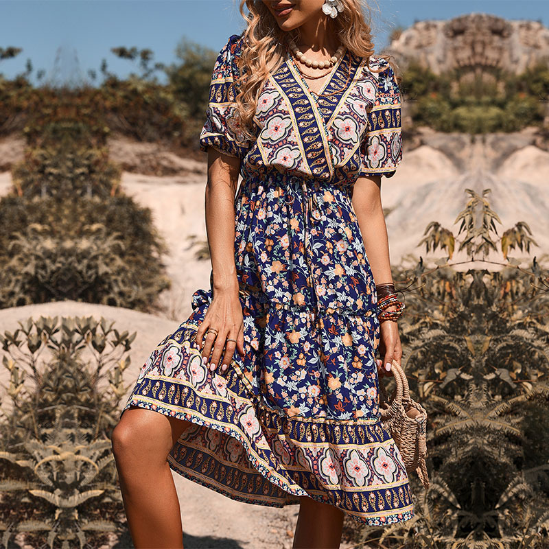Printing European style blue short sleeve dress for women