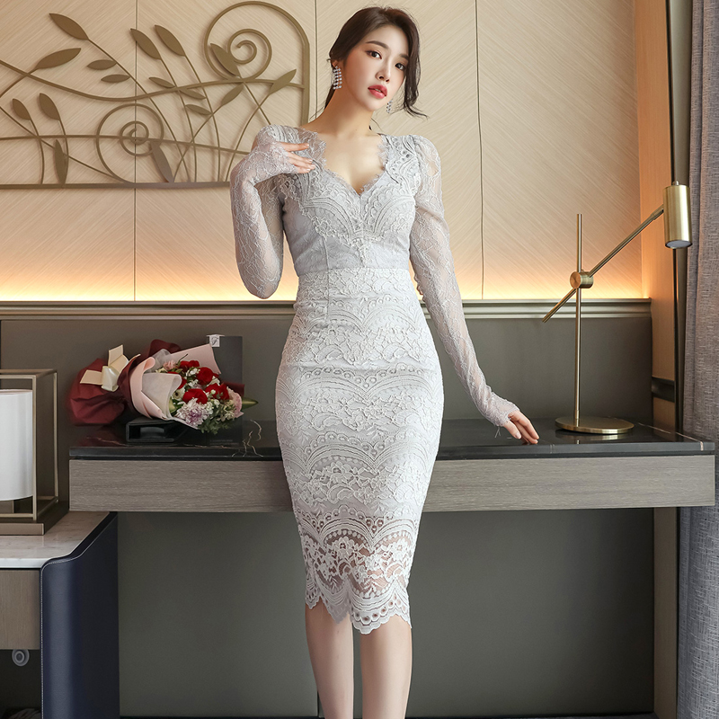 Lace V-neck temperament Korean style sexy slim dress