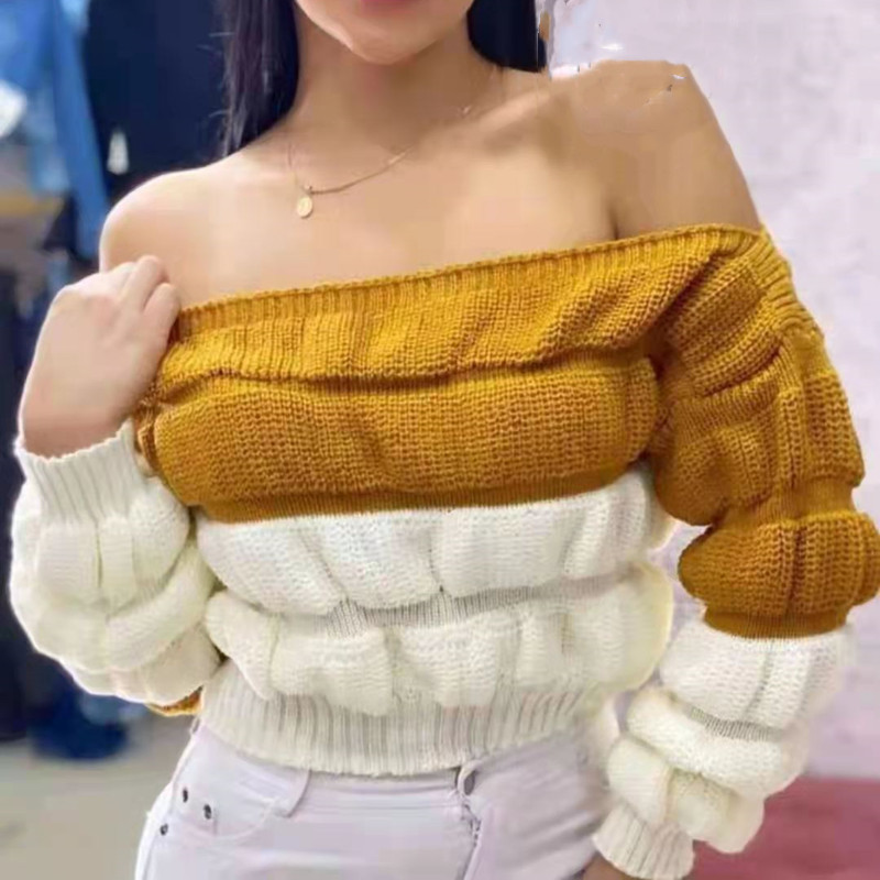 Sexy flat shoulder temperament sweater for women