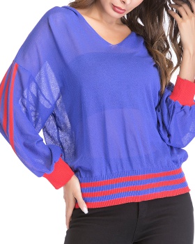 Hooded stripe spring and autumn long sleeve pullover thin tops