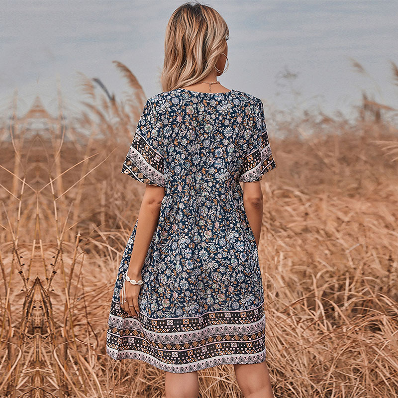 Short printing round neck summer blue dress for women