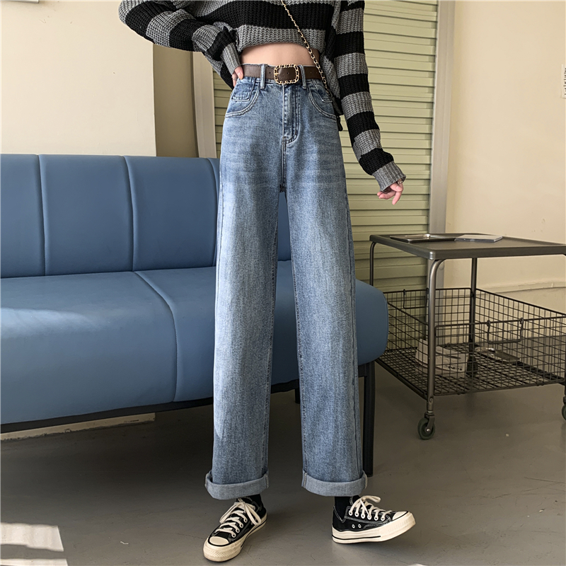High waist slim mopping jeans with belt drape pants