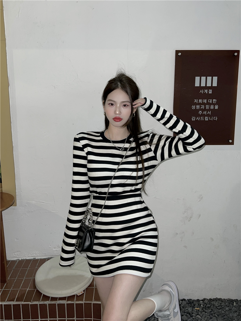 Slim stripe sweater package hip high waist skirt 2pcs set