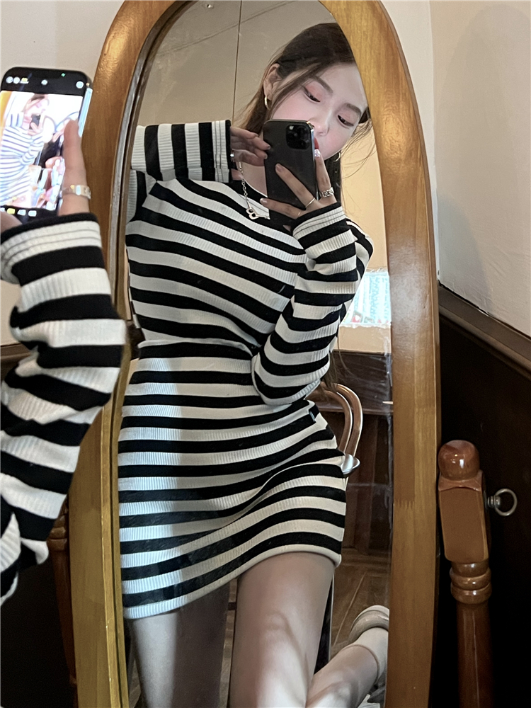 Slim stripe sweater package hip high waist skirt 2pcs set