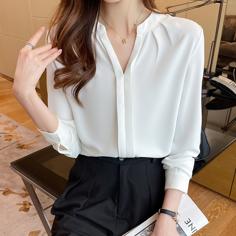 Chiffon temperament shirt V-neck long sleeve tops for women