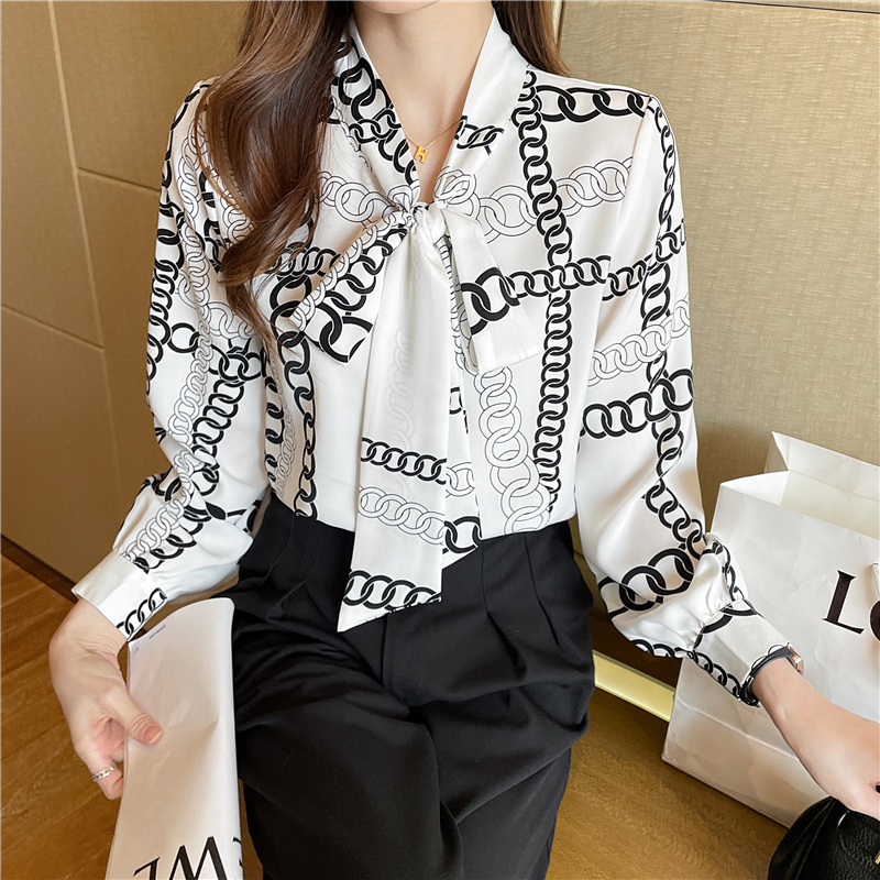 Korean style chiffon bow light printing shirt
