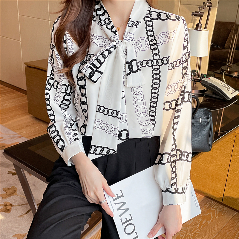 Korean style chiffon bow light printing shirt