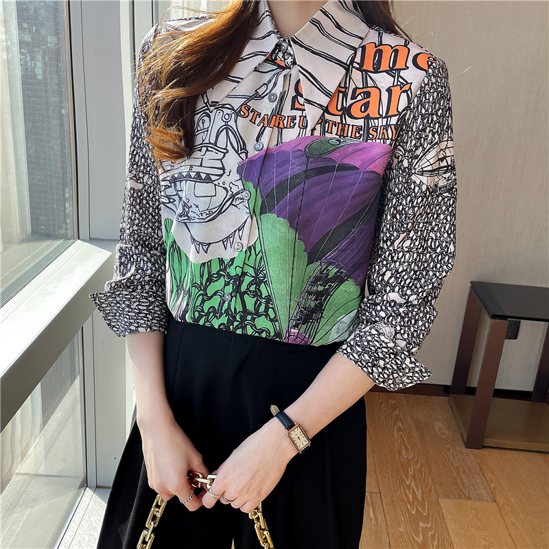 Long sleeve pointed collar shirt printing retro tops