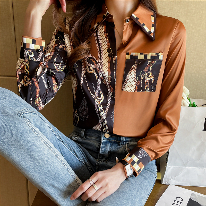 Satin shirt real silk tops for women